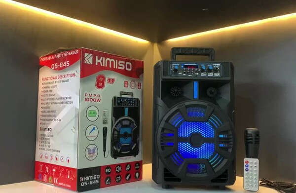 Портативна колонка Kimiso QS-845 з мікрофоном та світломузикою (USB/BT/FM) Портативна колонка Kimiso QS-845 з мікрофоном та світломузикою (USB/BT/FM)